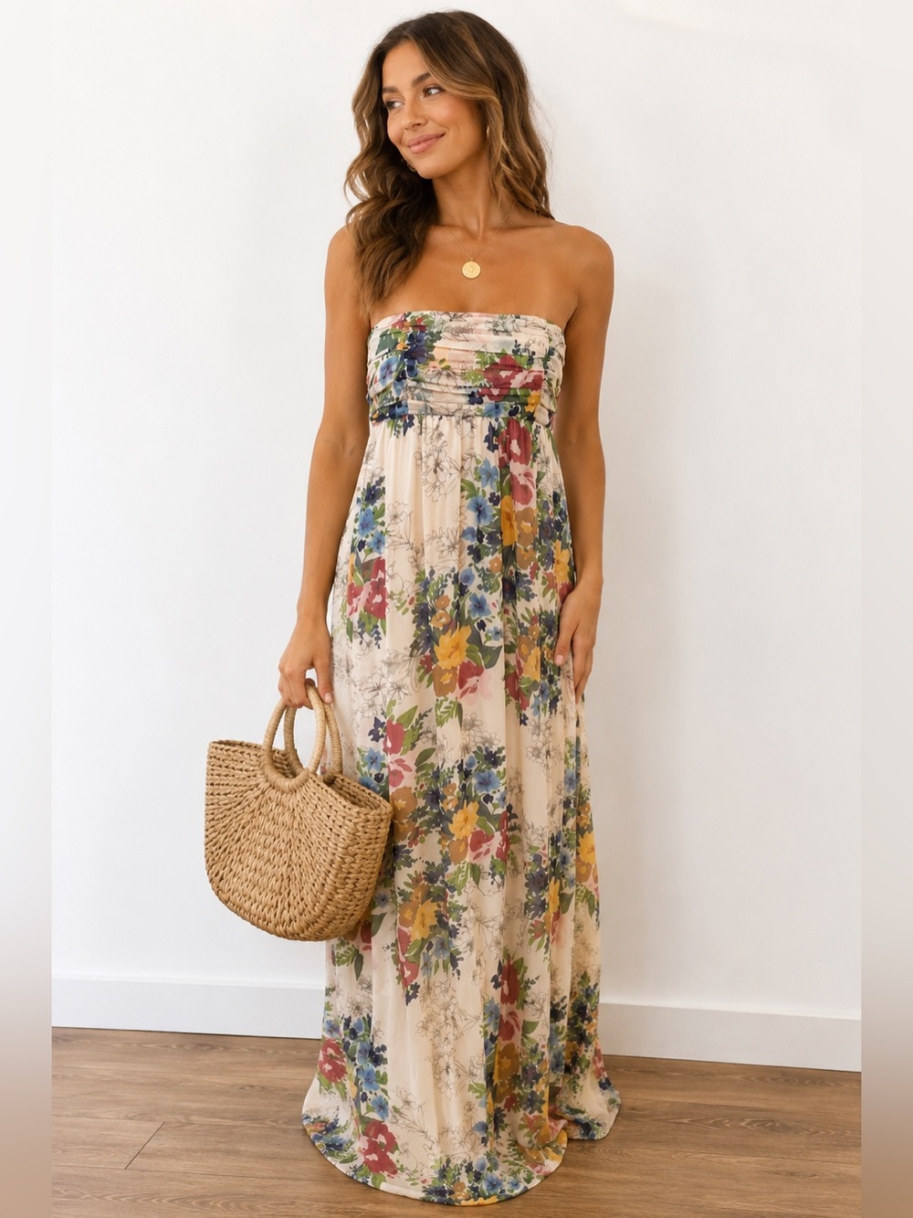 Kimchi Blue Urban Outfitters Cream Multicolor Floral Dress L strapless maxi